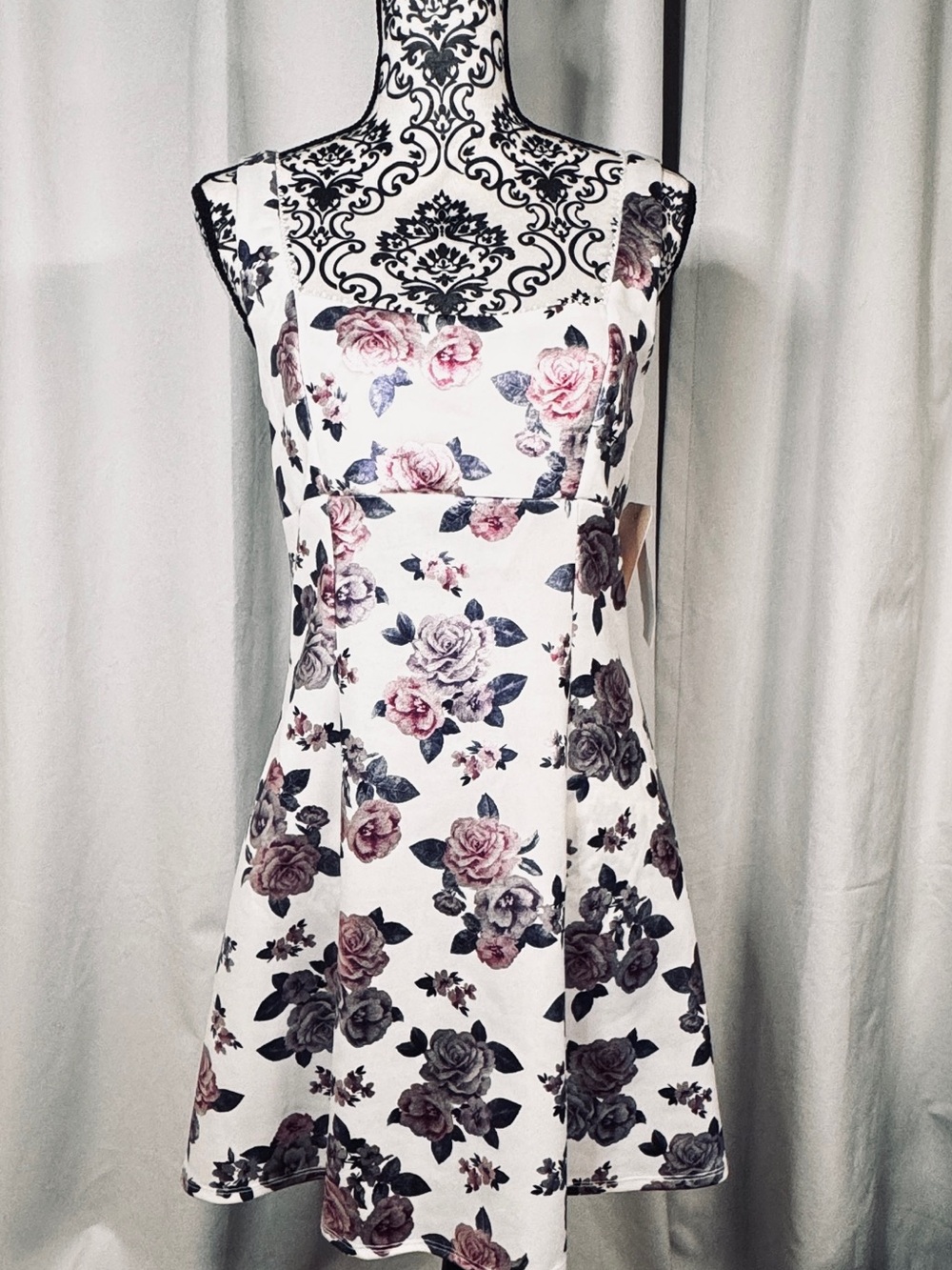 Square-Neck White Mini Dress with Pink Floral Print